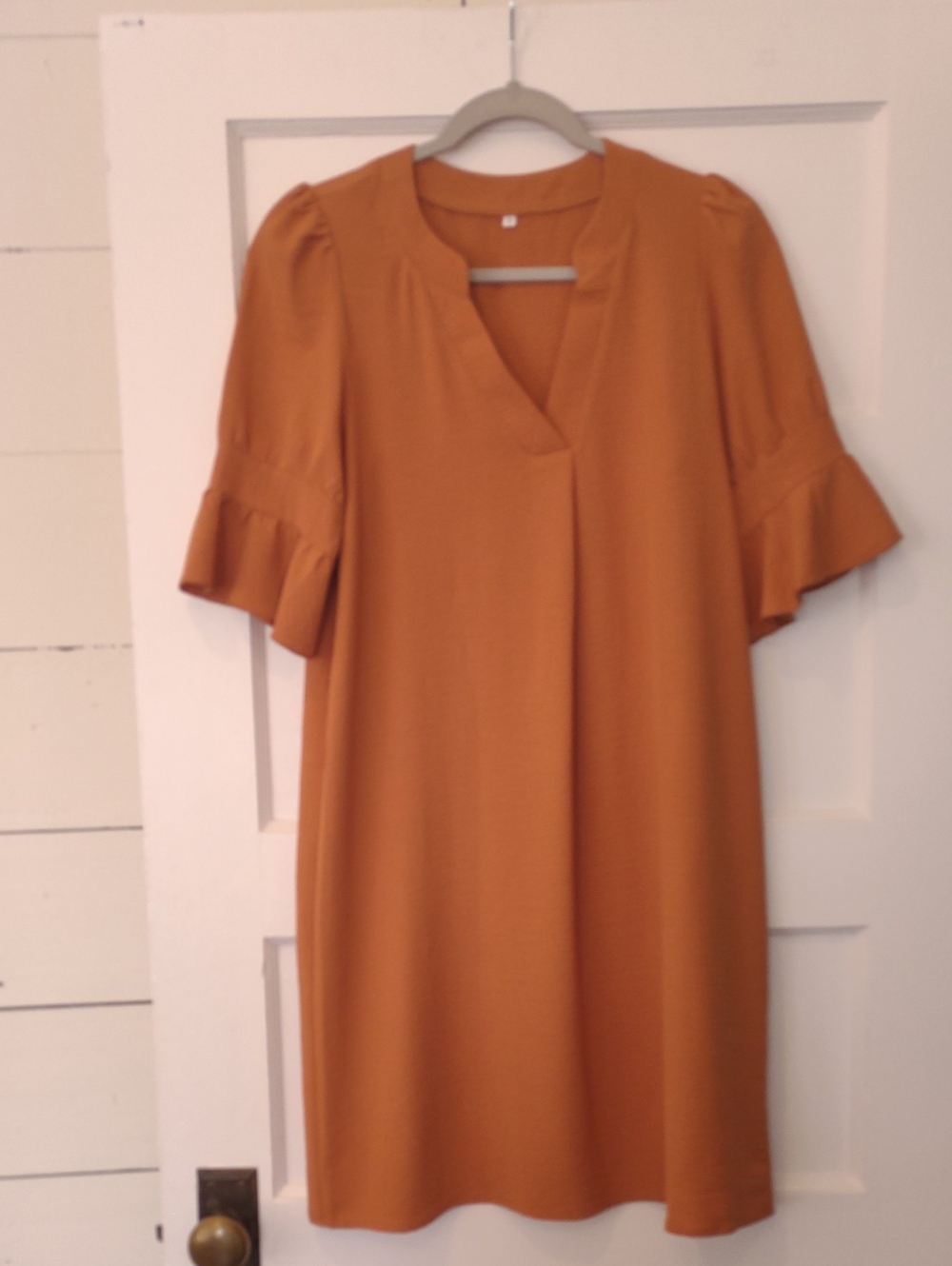 Notch-Neck Ruffle Sleeve Midi Dress — Rust Orange